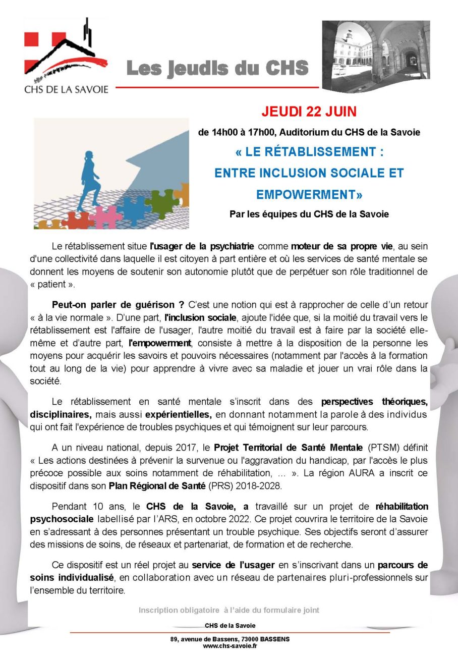 « Le rétablissement : entre inclusion sociale et empowerment», jeudi 22 juin de 14h00 à 17h00, Auditorium du CHS de la Savoie