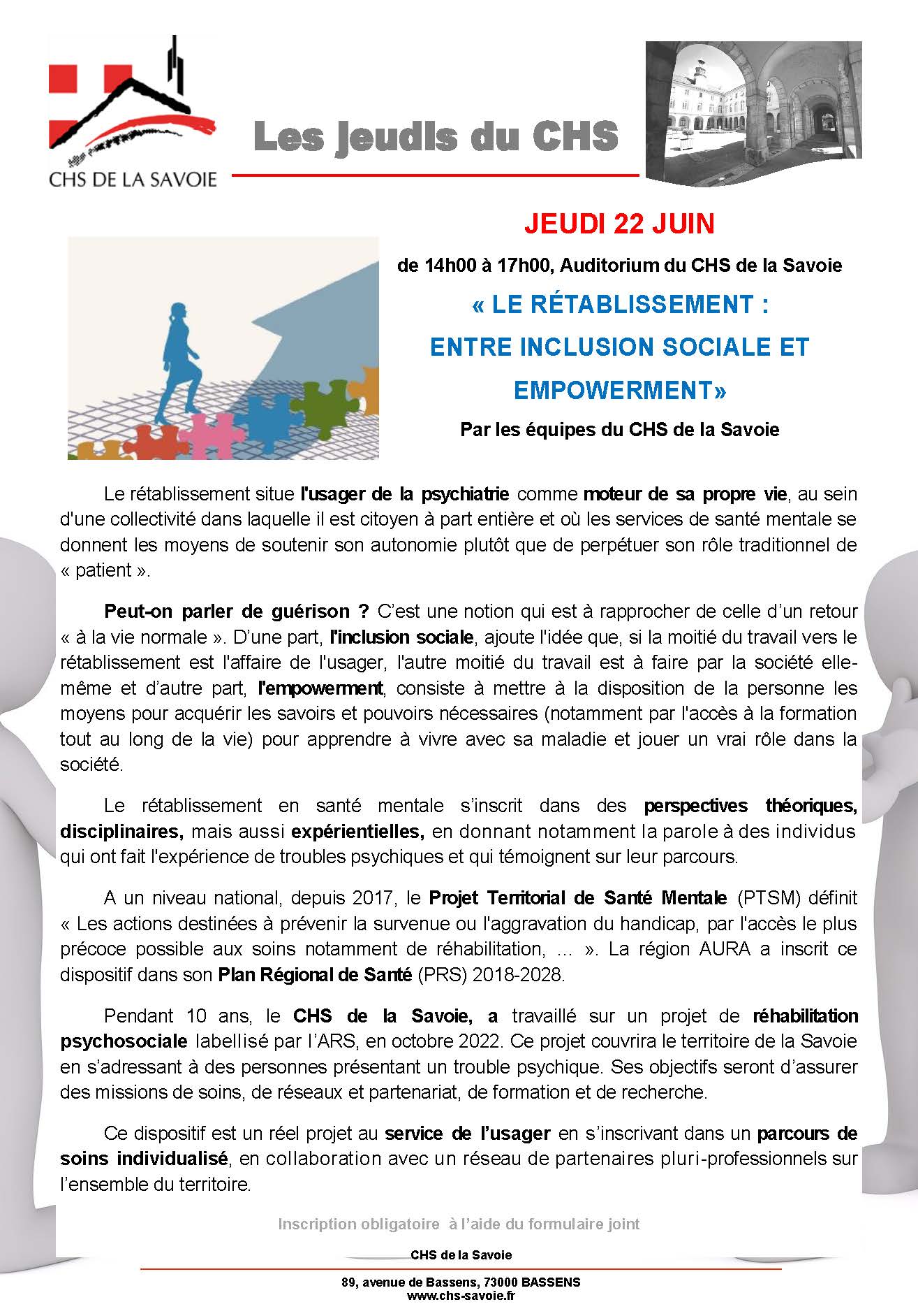 « Le rétablissement : entre inclusion sociale et empowerment», jeudi 22 juin de 14h00 à 17h00, Auditorium du CHS de la Savoie