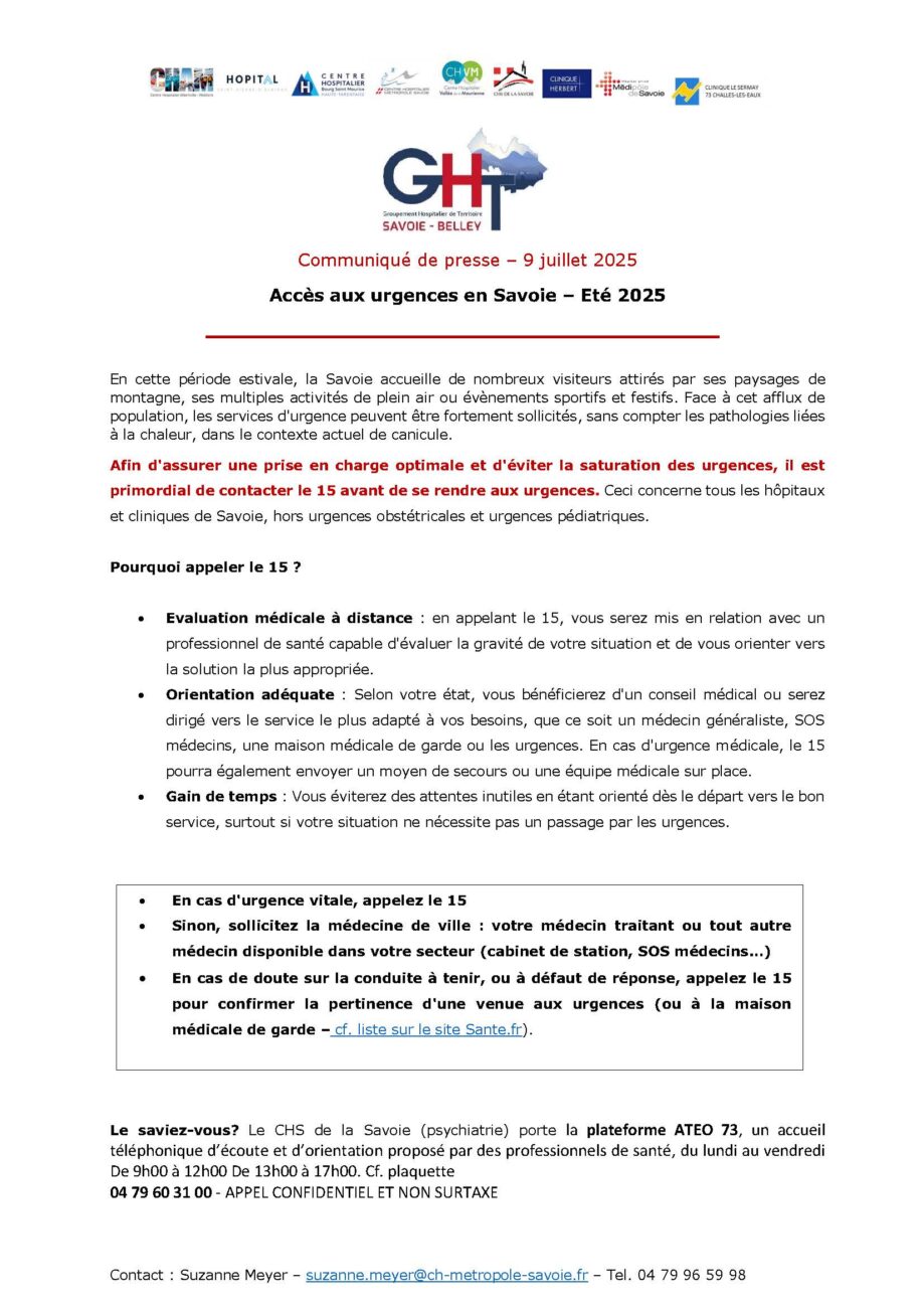 Communiqué de presse – Accès aux urgences en Savoie – Eté 2025
