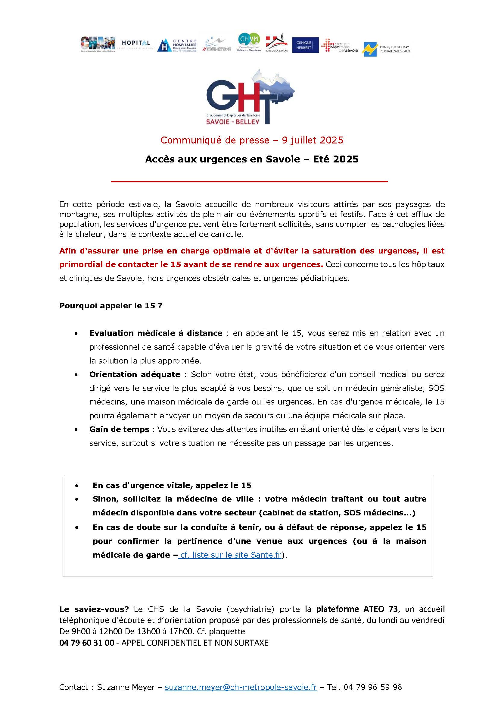 Communiqué de presse – Accès aux urgences en Savoie – Eté 2025