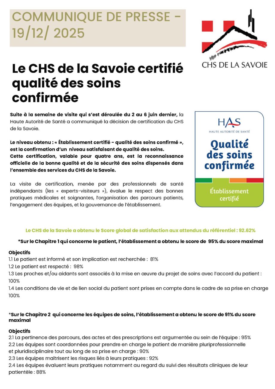 Le CHS de la Savoie certifié qualité des soins confirmée