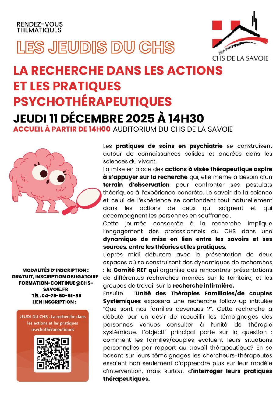 RDV thématique « Les Jeudis du CHS »  du 11 décembre : La recherche dans les actions  et les pratiques psychothérapeutiques