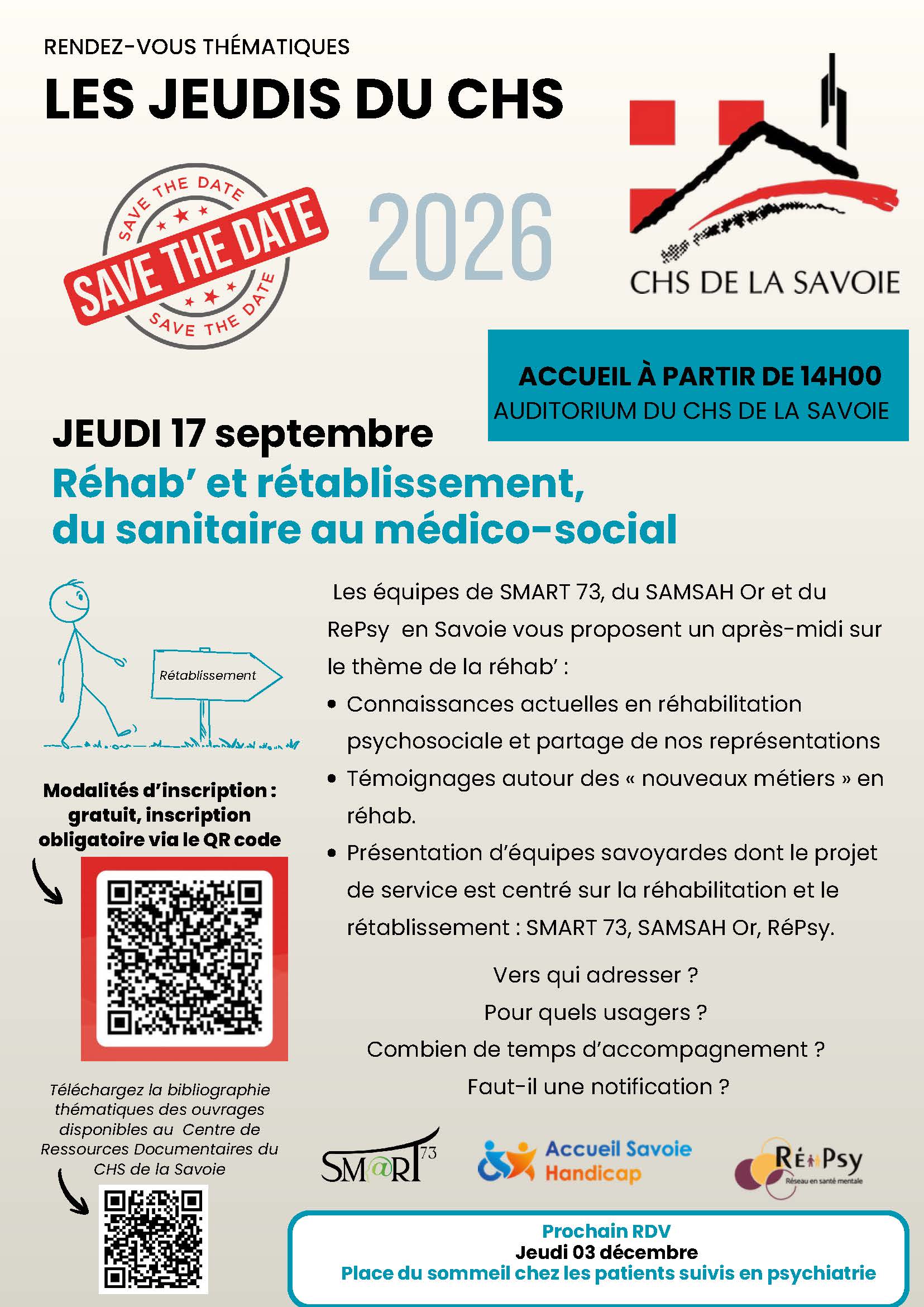 Prochain Jeudis du CHS 2026 : jeudi 17 septembre « Réhab’ et rétablissement, du sanitaire au médico-social »
